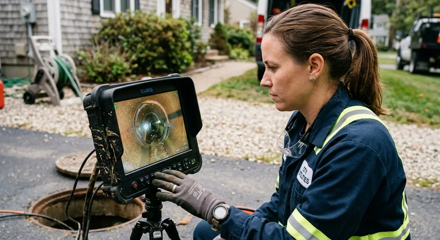 Technician reviewing sewer camera inspection footage in Conway