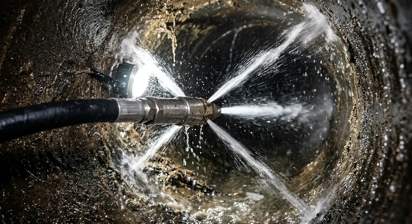High-pressure hydro jetting nozzle cleaning sewer pipe for Sewer Line Relining in Conway