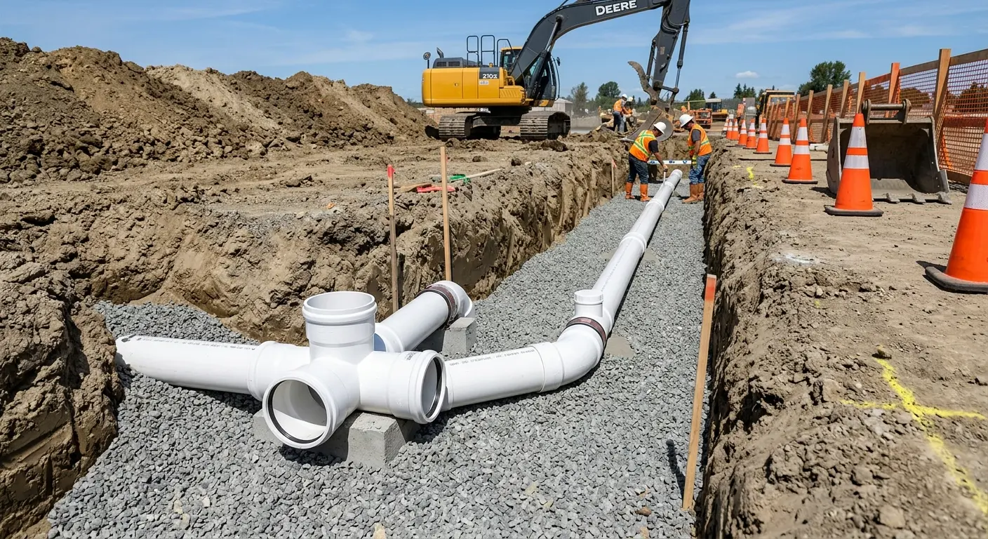 New PVC sewer pipe installation in open trench for Sewer Backup in Conway